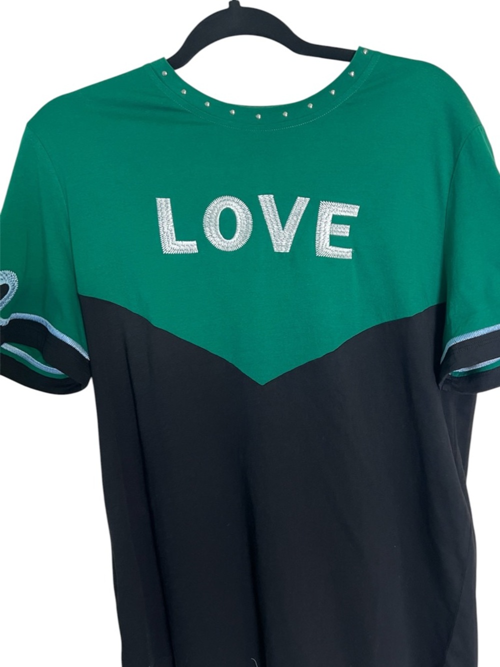 Maje Toevi Green & Black Love Embroidered Top Size Medium 100% Cotton